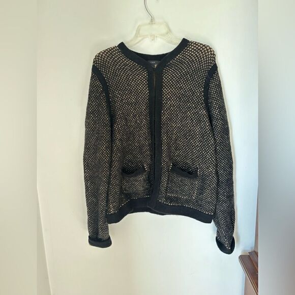 J.Crew Wool Blend Cardigan Hook Eye Closure Pockets Black Tan Size L - Picture 12 of 13